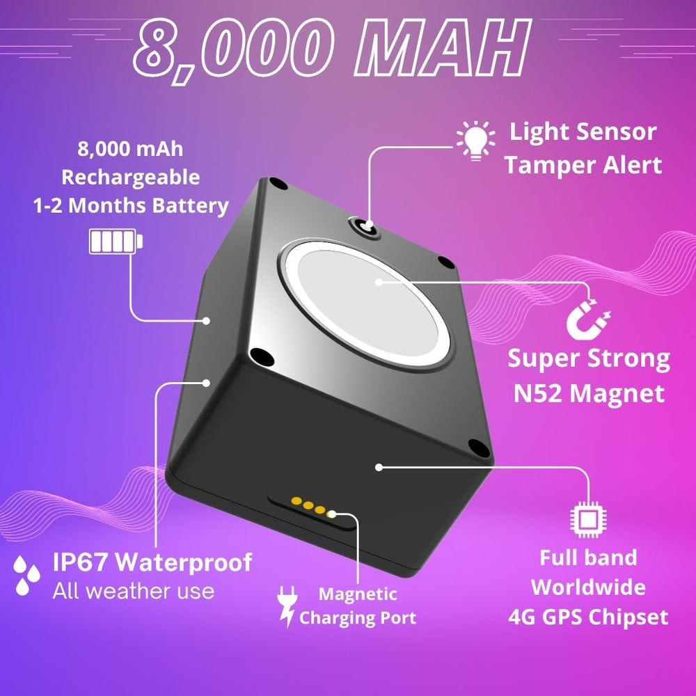 8,000 mAh + 1 Year Worldwide Plan Included (No Monthly Fee) - Magnetic Waterproof GPS Tracker | 3 to 4 Weeks Battery Life