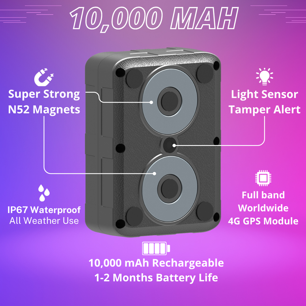 10,000 mAh x 5 + 1 Year Worldwide Plan Included (No Monthly Fee) - Magnetic GPS Tracker | Up to 2 Months Battery Life