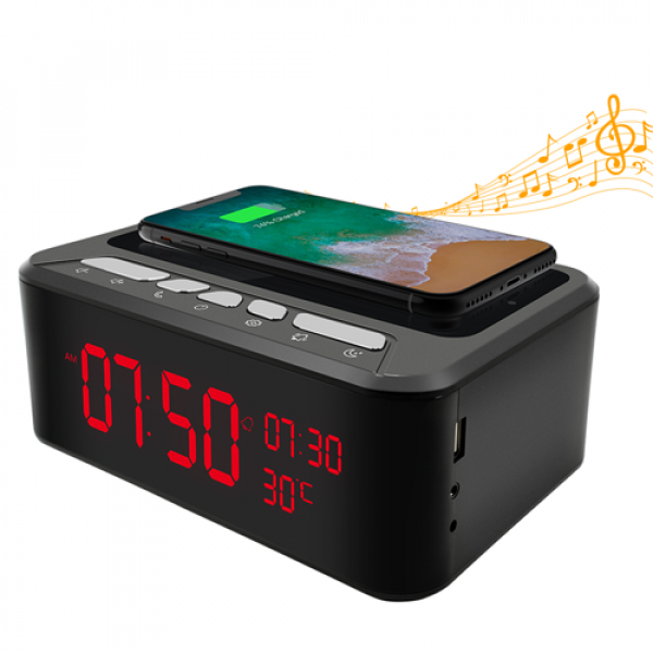 Wi-Fi Clock Camera with Night Vision and Wireless Charging Station