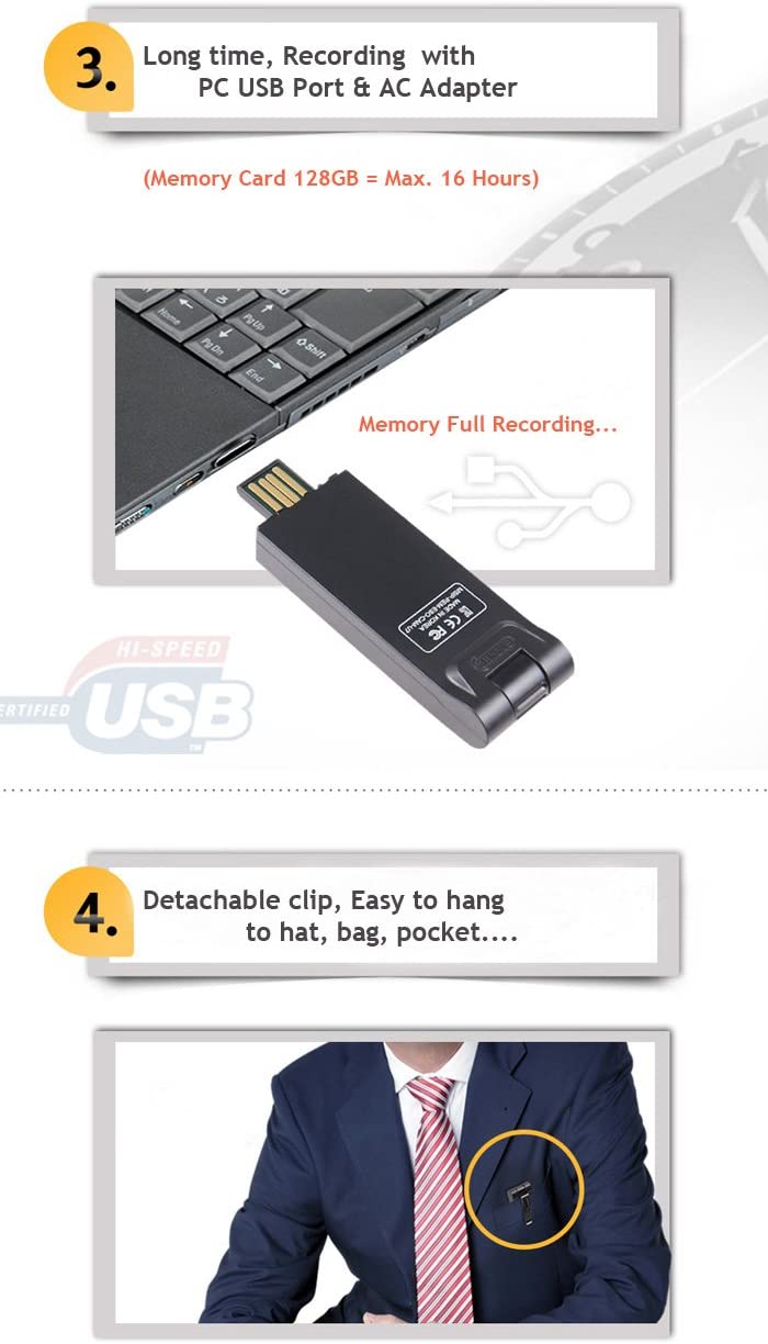 Spy USB Hidden Camera Pinhole Cam Motion Activated 720P HD / 2 -10 Hours Recording Time